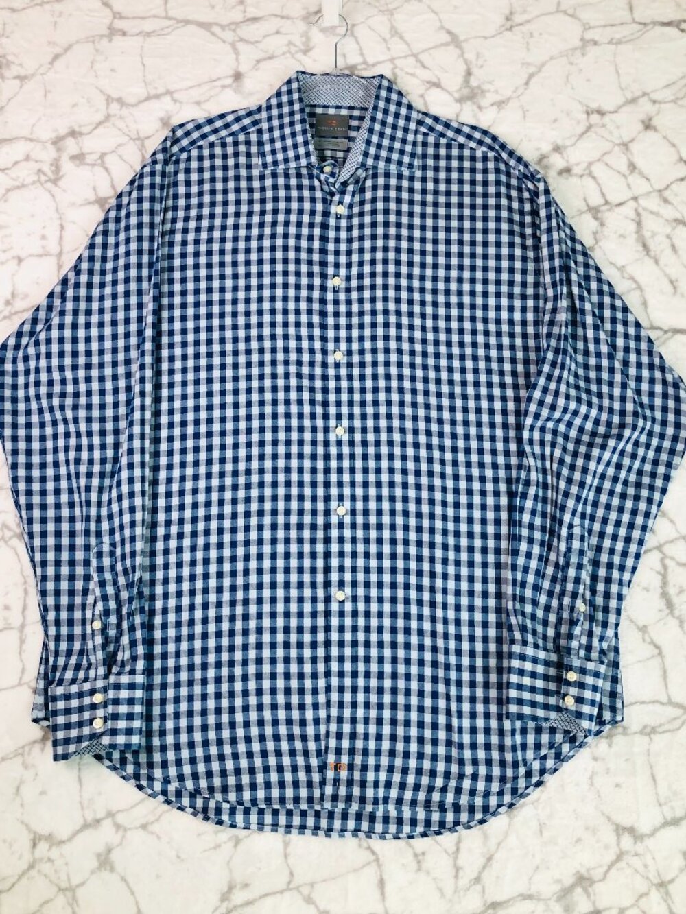 THOMAS DEAN Dress Shirt Men's XL/TG Blue & White Gingham Checked Long Sleeve